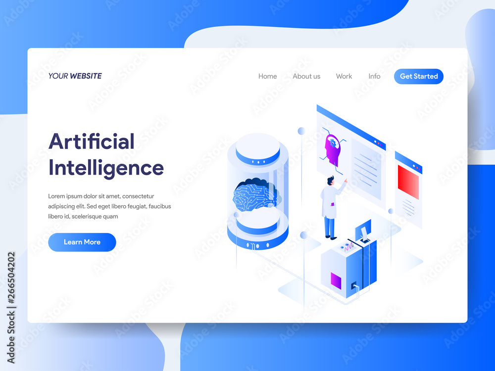 Poster landing page template of artificial intelligence isometric illustration concept. isometric flat desi