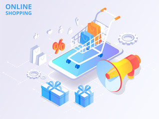 Online store, shopping, online payment. Homepage template with 3d smartphone, goods and shopping cart.