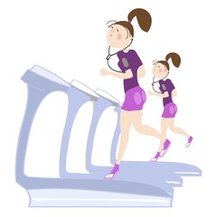 Girls exercising in the gym, cardiovascular exercise, running on a treadmill, color vector illustration for sports complex advertising