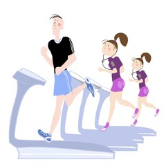 The picture shows young people, a boy and a girl, exercising in the gym, cardio exercises, running on a treadmill, color vector illustration for advertising of the sports complex