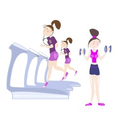 Girls exercising in the gym, cardio exercises, running on a treadmill, exercises with dumbbells, color illustration in vector for advertising of the sports complex