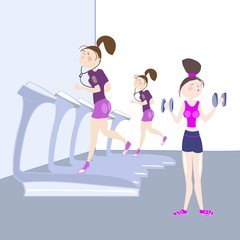 Girls exercising in the gym, cardio exercises, running on a treadmill, exercises with dumbbells, color illustration in vector for advertising of the sports complex