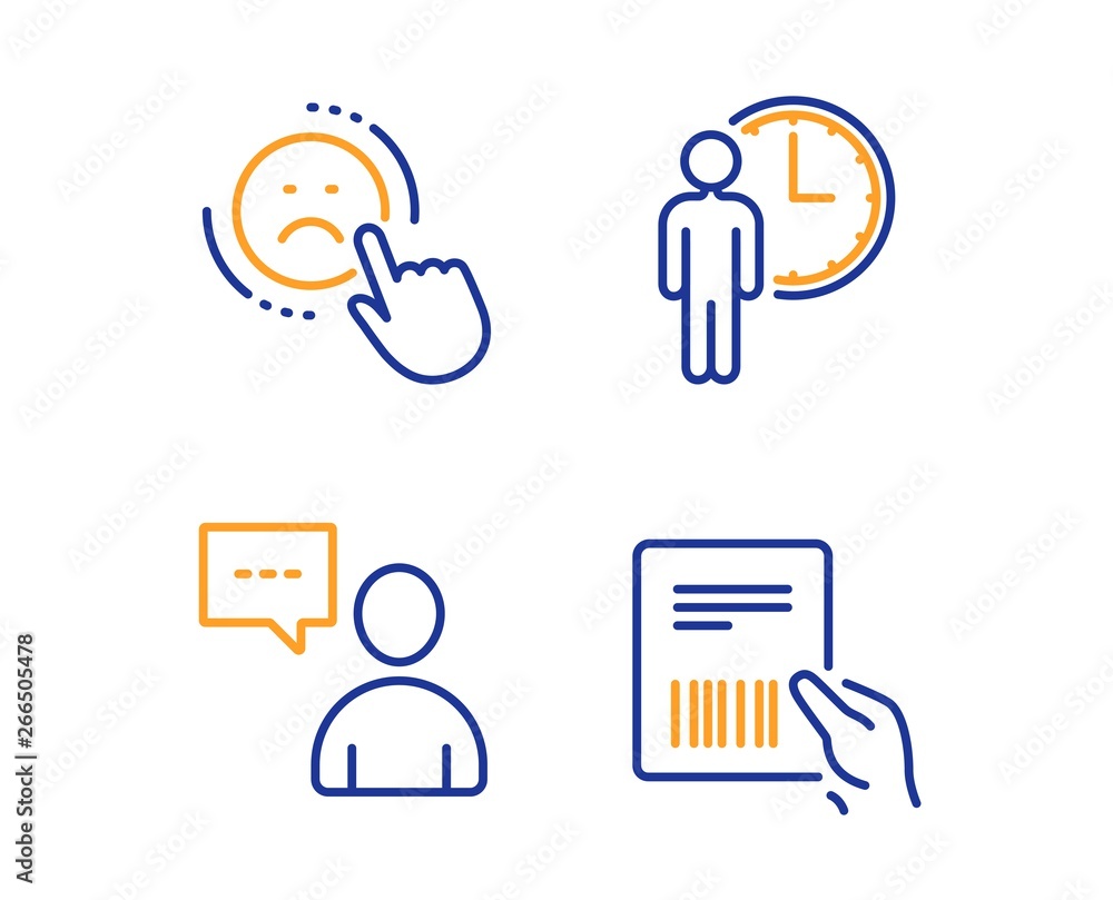 Poster users chat, dislike and waiting icons simple set. parcel invoice sign. communication concept, negati