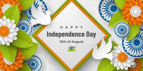 India Independence day holiday banner. 3d wheels, doves, flowers with leaves in traditional tricolor of indian flag. Paper cut layered art. Vector illustration.