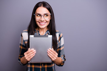 Close up photo beautiful amazing she her lady hold hands arms e-reader clever eyes look side empty...