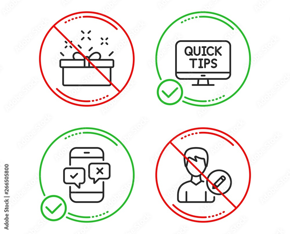 Poster do or stop. present box, web tutorials and phone survey icons simple set. edit person sign. sale off
