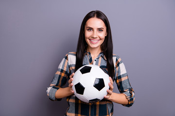 Close up photo amazing beautiful she her lady hold raise hands arms football soccer ball advising...