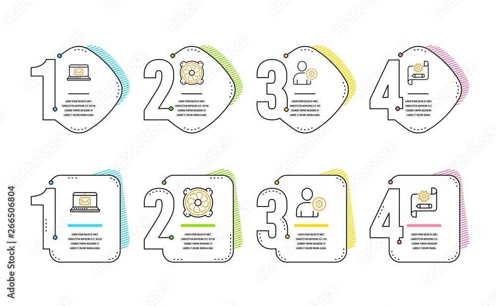 Poster computer fan, security and e-mail icons simple set. cogwheel blueprint sign. pc ventilator, person p