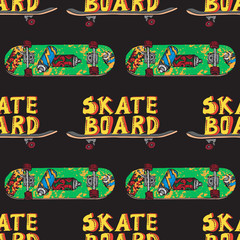 Skateboard  seamless pattern. Doodle Longboard, pennyboard. Lettering skateboard. Hand drawn vector illustration for poster, t-shirt, textile