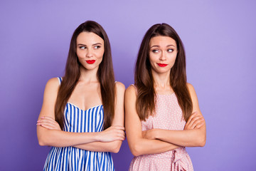 Close up portrait amazing beautiful she her ladies classy chic forget offense create new bad person trick hands crossed folded wear colorful dresses isolated purple violet bright vivid background