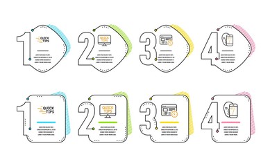 Web timer, Education and Web tutorials icons simple set. Face biometrics sign. Online test, Quick tips, Facial recognition. Science set. Infographic timeline. Line web timer icon. 4 options or steps