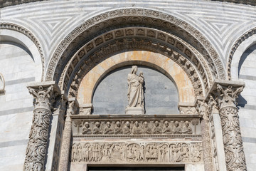 PISA, TUSCANY/ITALY  - APRIL 18 : Exterior view of the Leaning Tower of Pisa Tuscany Italy on April 18, 2019