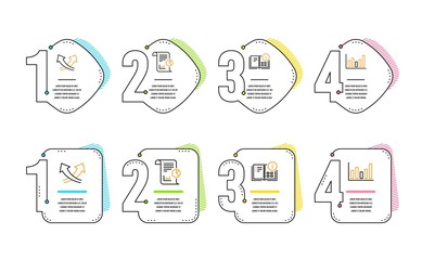 Intersection arrows, Instruction info and Report icons simple set. Column chart sign. Exchange, Project, Work analysis. Financial graph. Science set. Infographic timeline. Vector