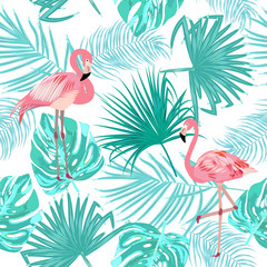 Naadloze patroon van flamingo, verlaat monstera. Tropische bladeren van palmboom en bloemen.