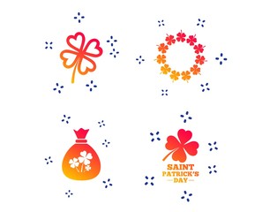 Saint Patrick day icons. Money bag with clover sign. Wreath of quatrefoil clovers. Symbol of good luck. Random dynamic shapes. Gradient patrick icon. Vector