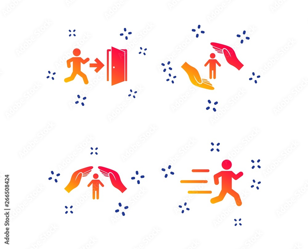 Poster life insurance hands protection icon. human running symbol. emergency exit with arrow sign. random d