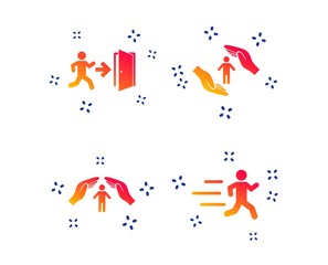 Life insurance hands protection icon. Human running symbol. Emergency exit with arrow sign. Random dynamic shapes. Gradient people icon. Vector