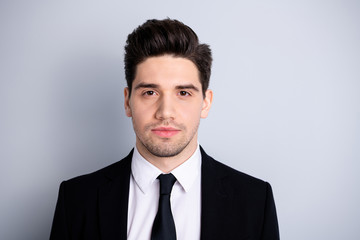 Close up photo amazing he him his macho attractive handsome look watch interested curious wondered not smiling wear white shirt black suit jacket tie formalwear isolated bright grey background