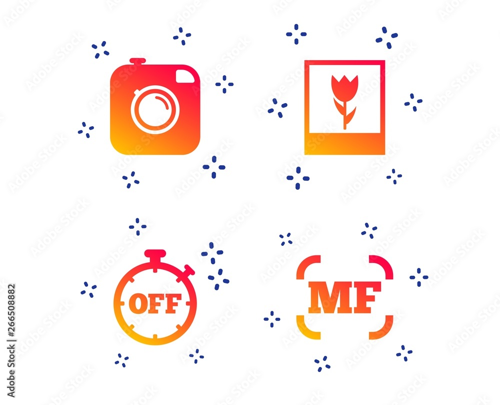 Poster hipster retro photo camera icon. manual focus symbols. stopwatch timer off sign. macro symbol. rando