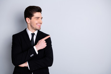 Close up photo amazing he him his macho attractive handsome hand arm index finger direct indicate...