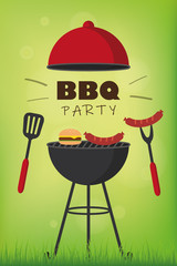 bbq party red kettle barbecue with sausages burger and grill cutlery on green summer background vector illustration EPS10