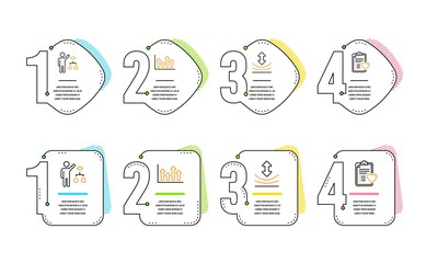Resilience, Algorithm and Upper arrows icons simple set. Patient history sign. Elastic, Developers job, Growth infochart. Medical survey. Science set. Infographic timeline. Line resilience icon