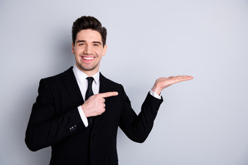 Portrait of handsome satisfied representative present option news information recommend discount...