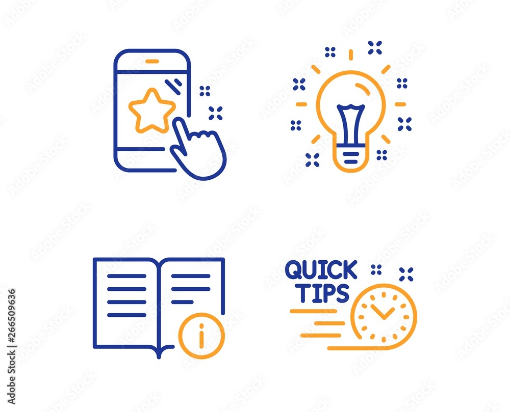 Poster star rating, idea and technical info icons simple set. quick tips sign. phone feedback, creativity, 