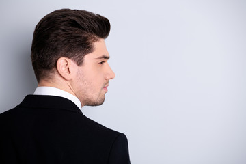 Profile side back rear behind view photo sullen strict entrepreneur collar have workforce question pensive imagine decide solve choose formal wear jacket stylish grey background isolated suspicious