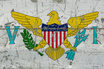 Grunge United States Virgin Islands flag on old scratched wooden surface. National vintage background.