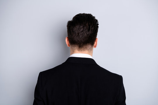 Close up back rear behind view photo of cool smart successful chief stand behind show shoulders feel glad content relaxed wear classic clothes isolated on argent background