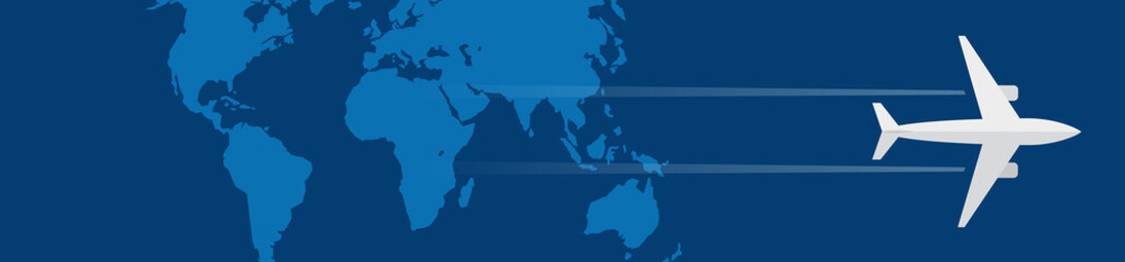 Air travel and vacations background. Airplane fly on the world. Vector banner © puckillustrations