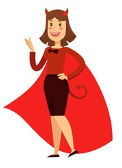 Office worker woman in devil costume with horns and cloak businesswoman