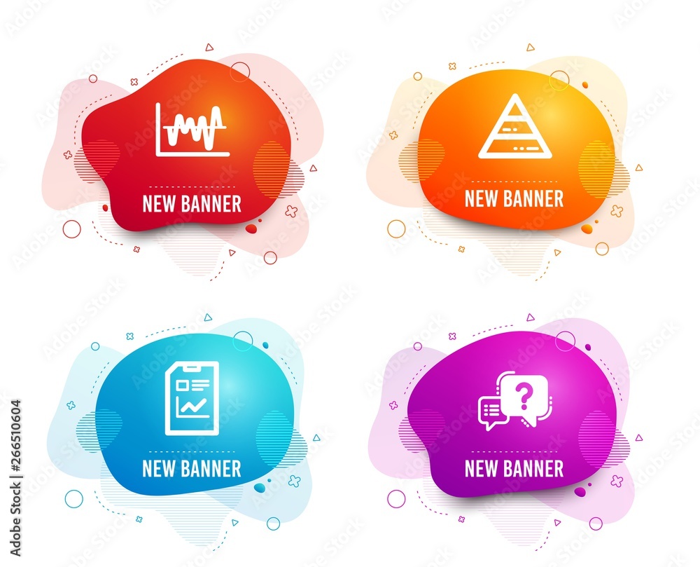 Poster liquid badges. set of report document, pyramid chart and stock analysis icons. question mark sign. s