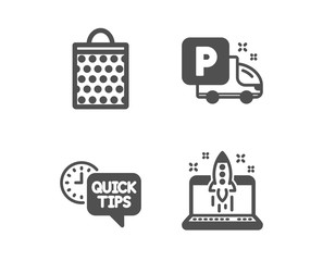 Set of Shopping bag, Quick tips and Truck parking icons. Start business sign. Paper package, Helpful tricks, Free park. Launch idea.  Classic design shopping bag icon. Flat design. Vector
