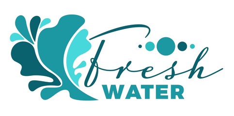 Fototapeta na wymiar Fresh water liquid splash or wave isolated icon with lettering