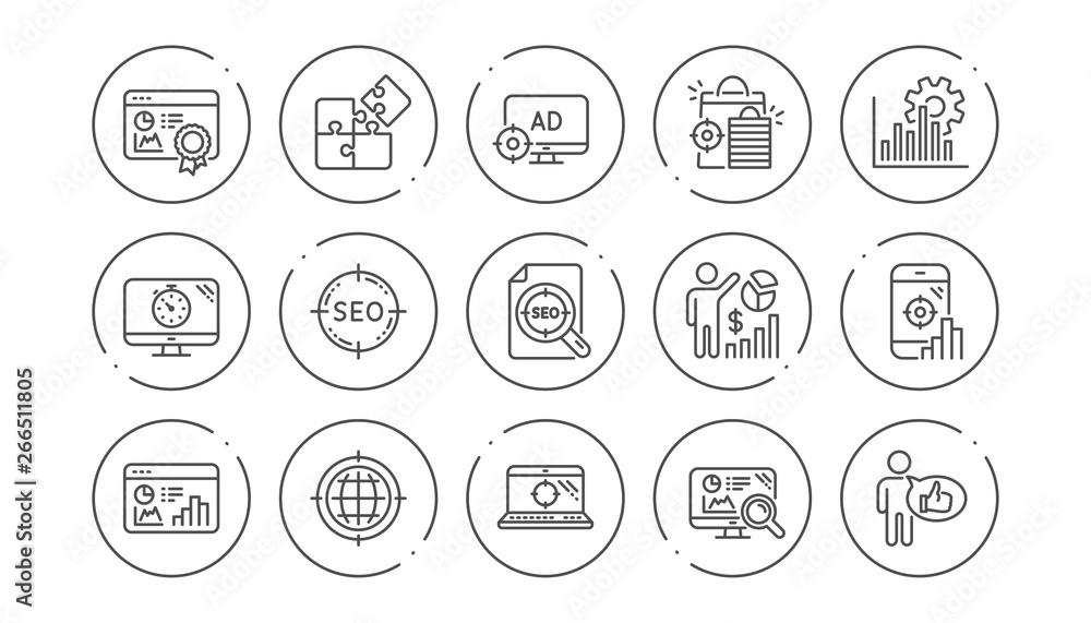 Poster seo line icons. increase sales, business strategy and search optimization. analytics linear icon set