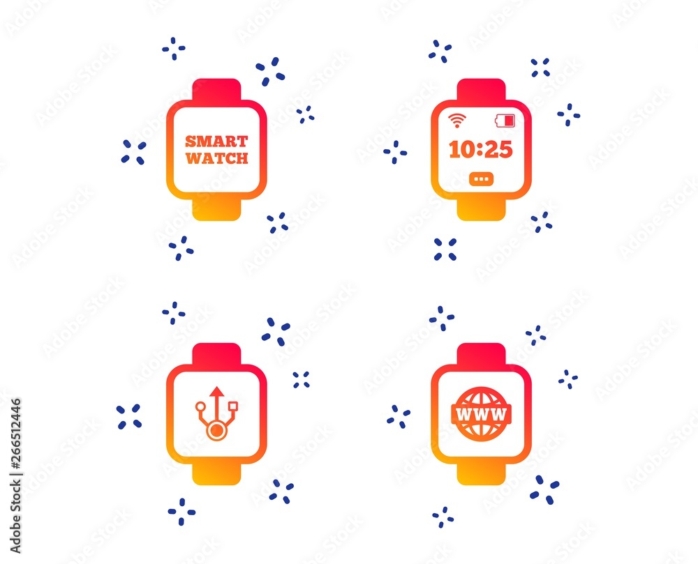 Poster smart watch icons. wrist digital time watch symbols. usb data, globe internet and wi-fi signs. rando