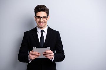 Portrait of his he nice representative elegant classy attractive cheerful guy executive leader...