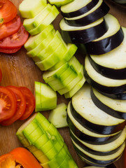 fresh vegetables background as eggplant, tomatoe, zucchini, bell pepperб ratatouille