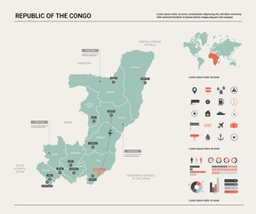 Vector map of Congo. High detailed country map with division, cities and capital Brazzaville. Political map,  world map, infographic elements.