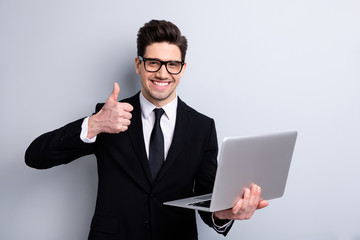 Portrait of his he nice imposing attractive cheerful positive guy e-commerce stock exchange showing...
