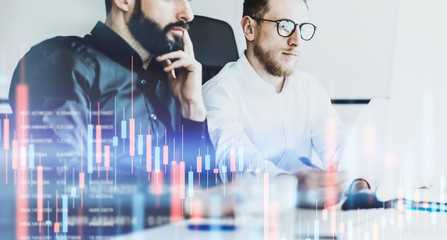 Two businessmans making analysis technical price graph and indicator, red and green candlestick chart and stock trading computer screen background. Double exposure