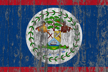 Flag of Belize painted on worn out wooden texture background.