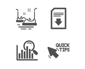Set of Bumper cars, Search and Download file icons. Quick tips sign. Carousels, Analytics, Load document. Helpful tricks.  Classic design bumper cars icon. Flat design. Vector