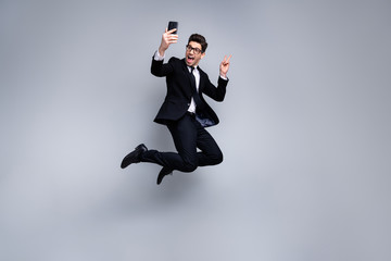 Full length body size view portrait of his he nice attractive cheerful funny guy professional top...