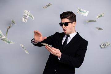 Portrait of his he nice attractive content arrogant guy top sales manager financier banker...