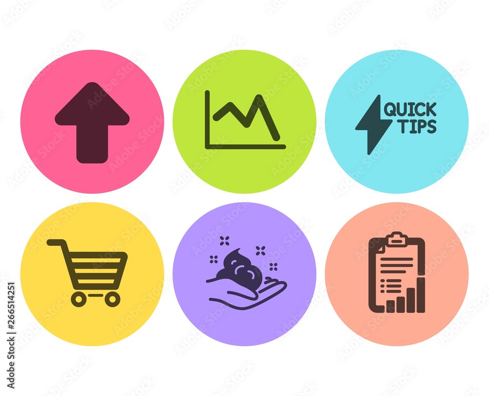 Poster line chart, upload and quickstart guide icons simple set. market sale, skin care and checklist signs