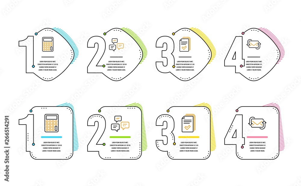 Poster calculator, handout and chat messages icons simple set. refresh mail sign. accounting device, docume