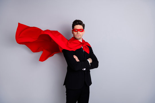 Portrait of nice attractive strong virile macho masculine incognito ready perfect great excellent ideal guy wearing bright super look outfit mantle isolated over light gray background